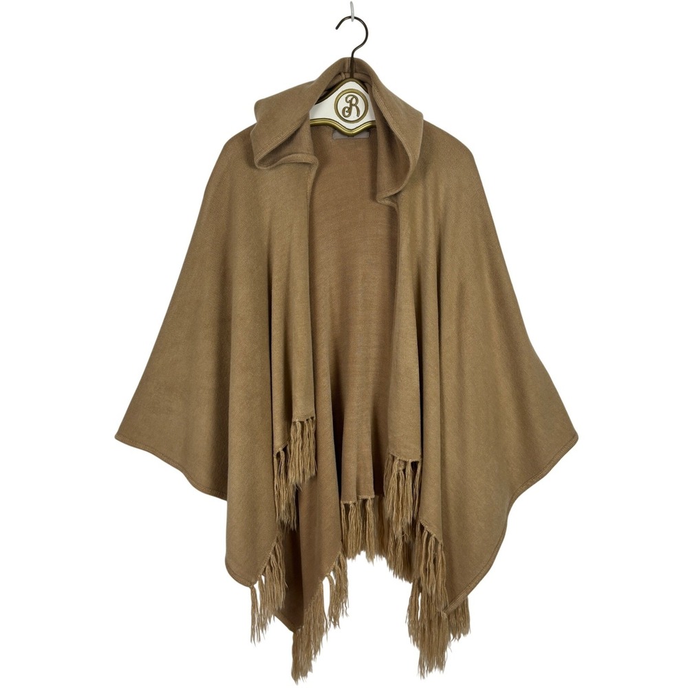 Hooded Fringe Poncho OS Tan Boho Knit Wrap Shawl Cape Hippie Minimalist